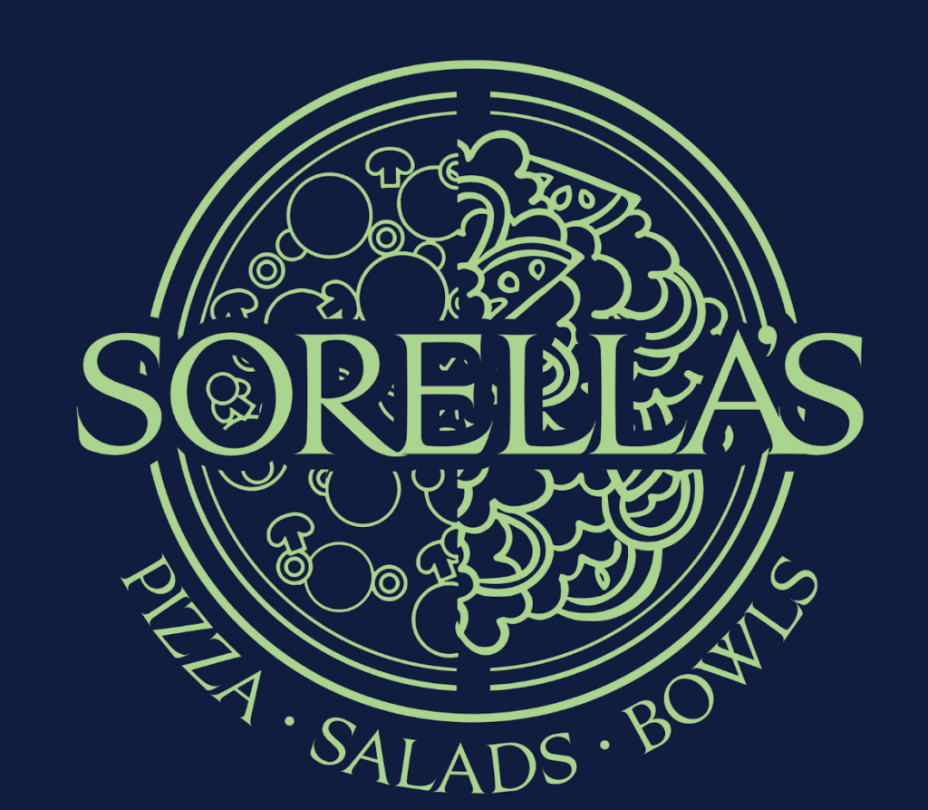 Sorellas pizza restaurant logo with circular design