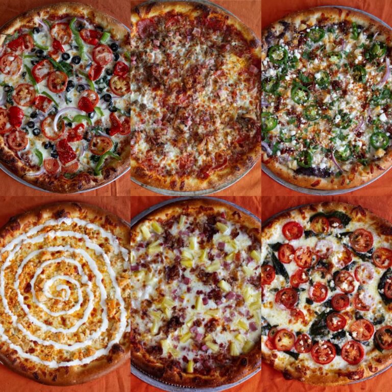 Collage of six assorted specialty pizzas
