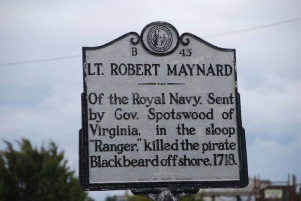 Historical marker for Lt. Robert Maynard, pirate hunter.