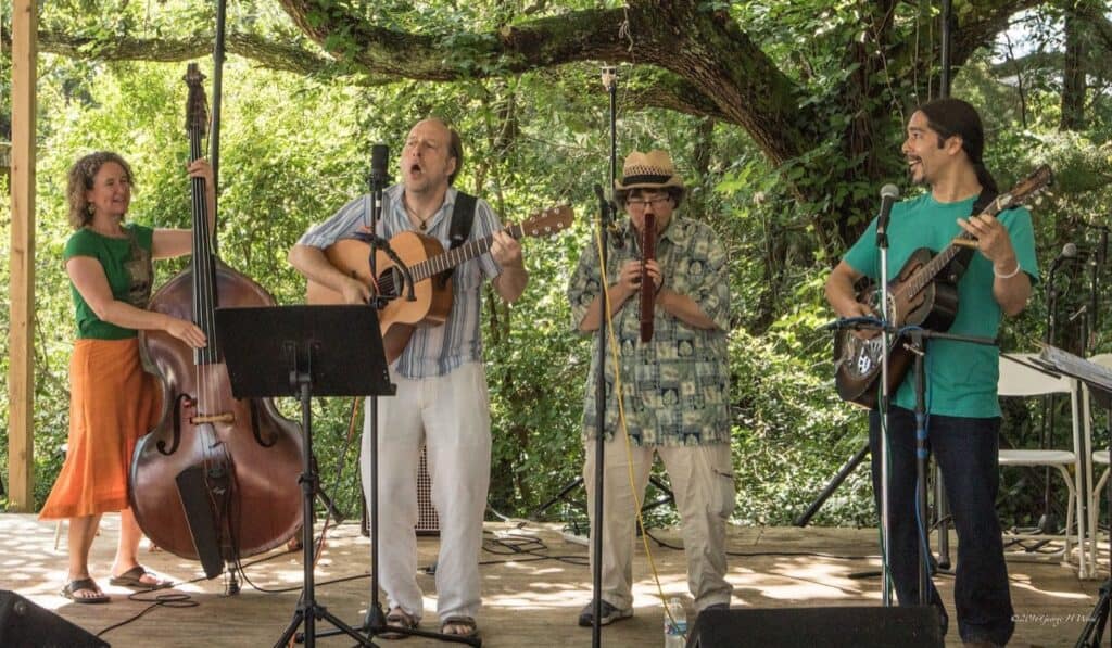 Acoustic band performing outdoors on a sunny day.