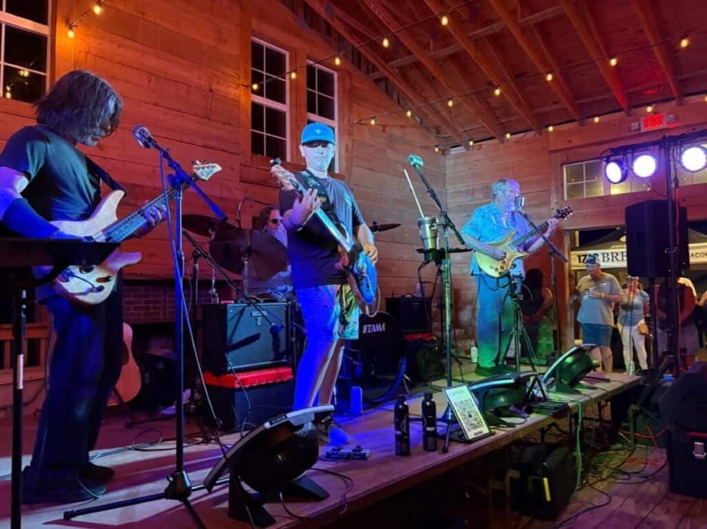 Band performing live in wooden venue with audience.