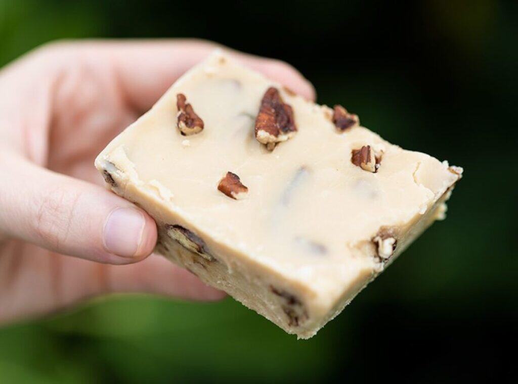 Hand holding pecan fudge piece outdoors.