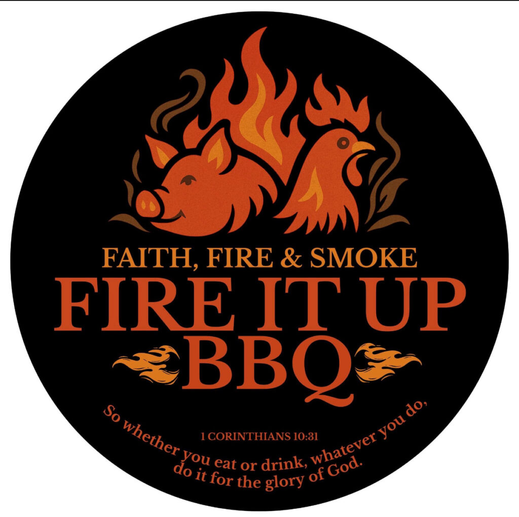 Fire It Up BBQ logo with flames, pig, chicken