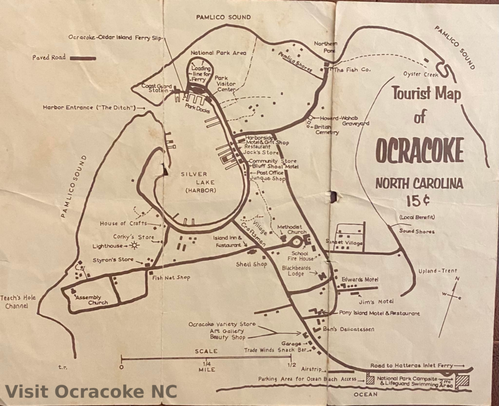 Vintage Ocracoke map highlighting ferry and landmarks.