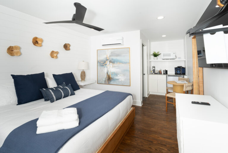 Modern bedroom with blue accents and kitchenette