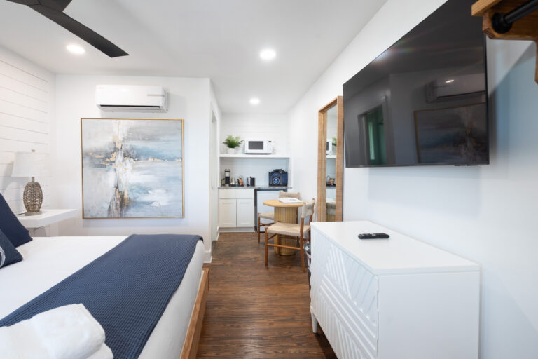 Modern studio apartment with bed, TV, and kitchenette